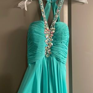 May queen Mint embellished halter gown